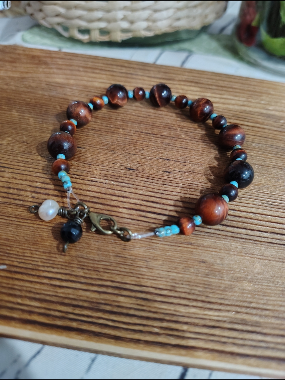 Handcrafted Tigers Eye & Turquoise Color Beads,   Beaded Bracelet,  Handmade